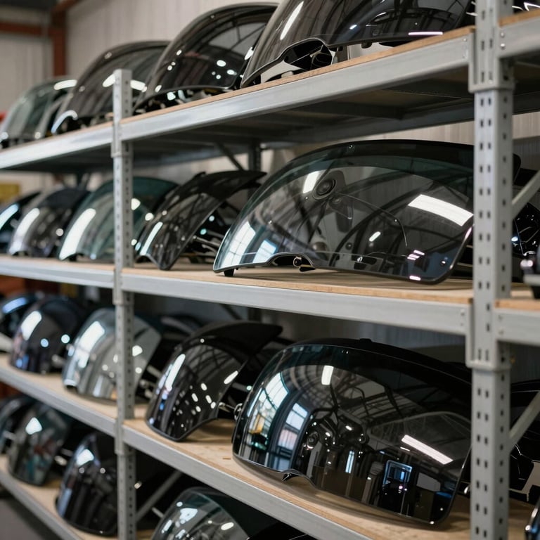 A clean, organized warehouse shelf containing rows of high-quality replacement windshields for various vehicle models.