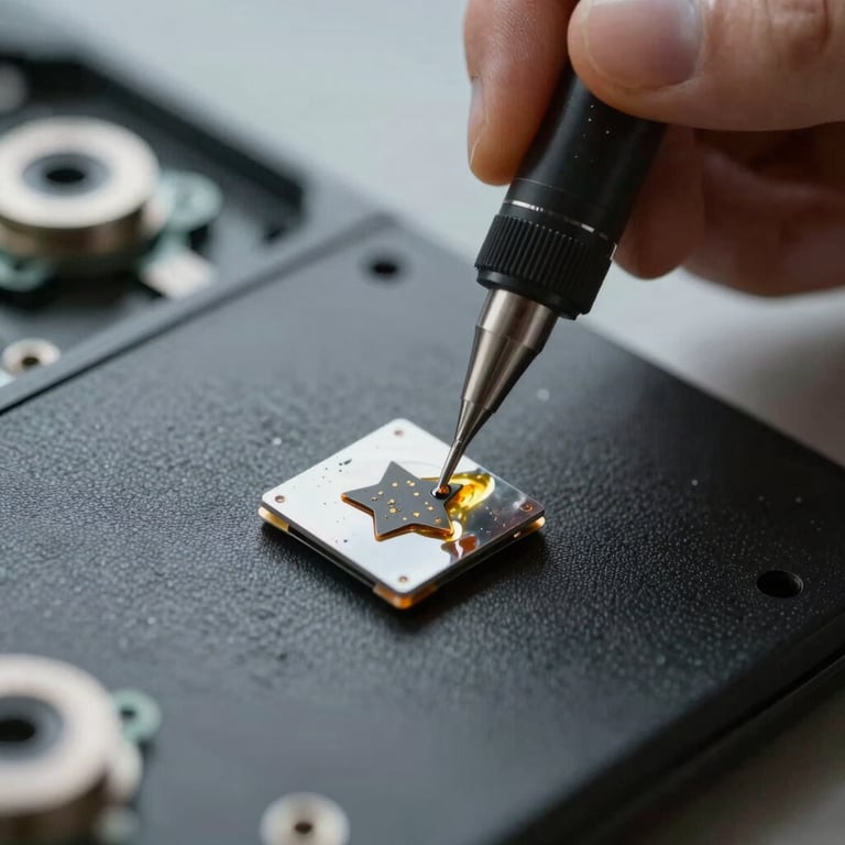 A macro photograph showing the repair of a small star-shaped chip in a windshield using high-tech resin, with professional lighting.