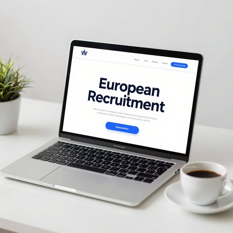 A clean, minimalist desk setup featuring a laptop and a cup of coffee, symbolizing modern European recruitment services.
