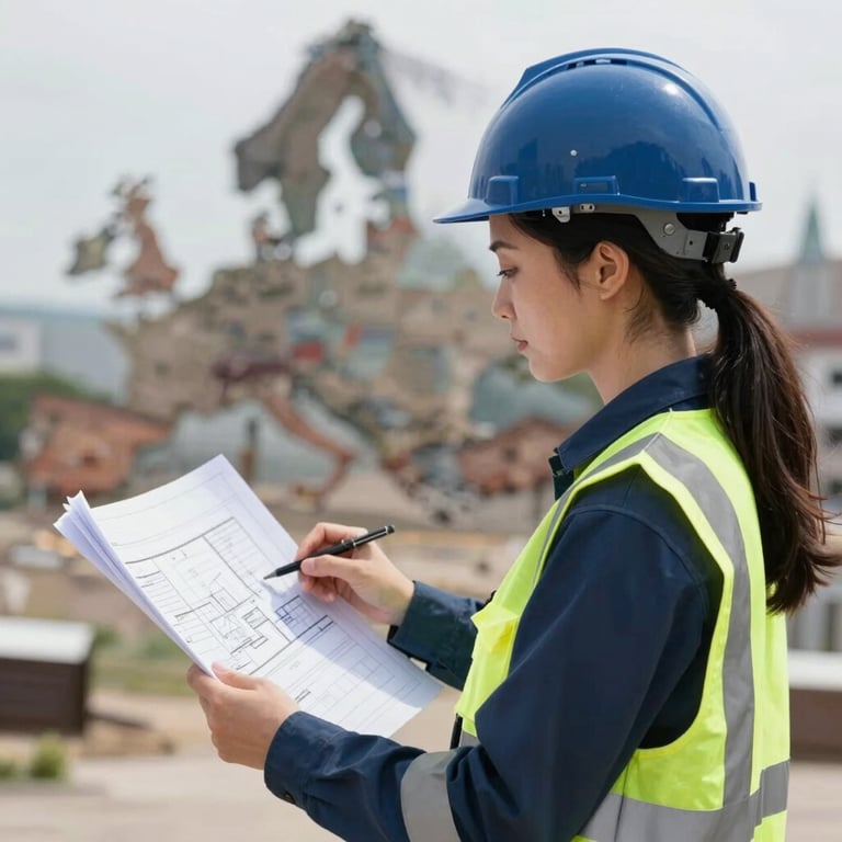 A female civil engineer wearing a navy blue #0A192F hardhat and safety gear, reviewing digital plans on a site in Europe.