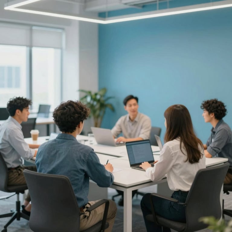 A bright, modern office space where a multicultural team is collaborating effectively, featuring #EAF2F8 walls and clean furniture.
