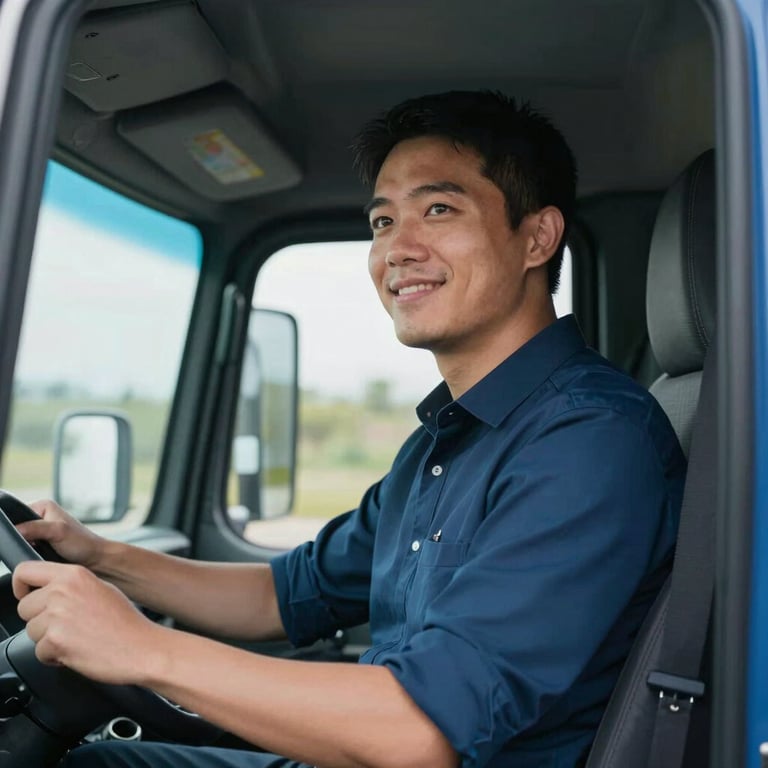 A professional truck driver in a modern vehicle cabin, looking ahead with a confident smile, lit by soft natural light with #7094B9 accents.
