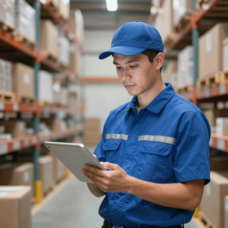 An industrial logistics specialist in a high-tech warehouse, using a tablet to manage shipments, with #1F3F6D corporate colors.