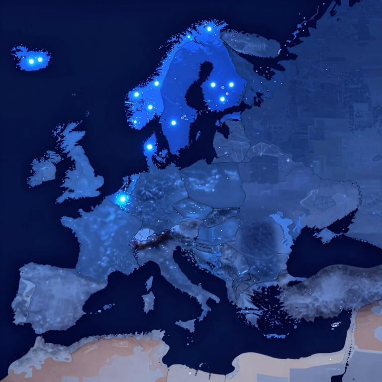 A stylized map of Europe highlighting recruitment hubs with glowing nodes in #7094B9 over a deep #0A192F background.