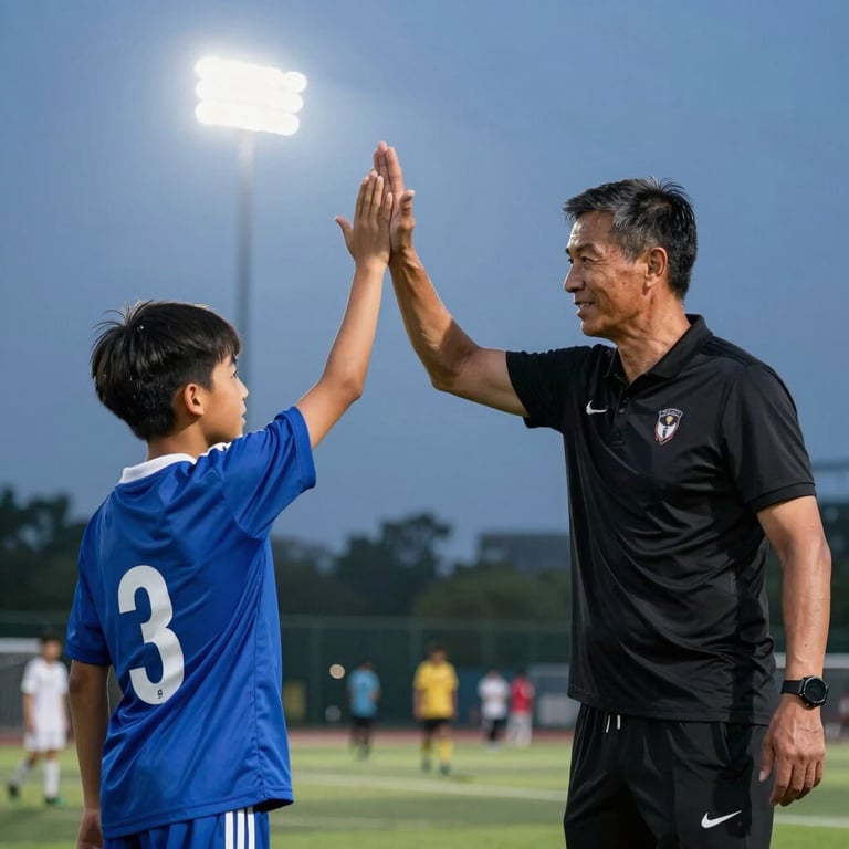 Candid medium shot of an adult coach high-fiving a young youth player on the sidelines, crisp evening floodlights illuminating the scene with high-contrast athletic energy.