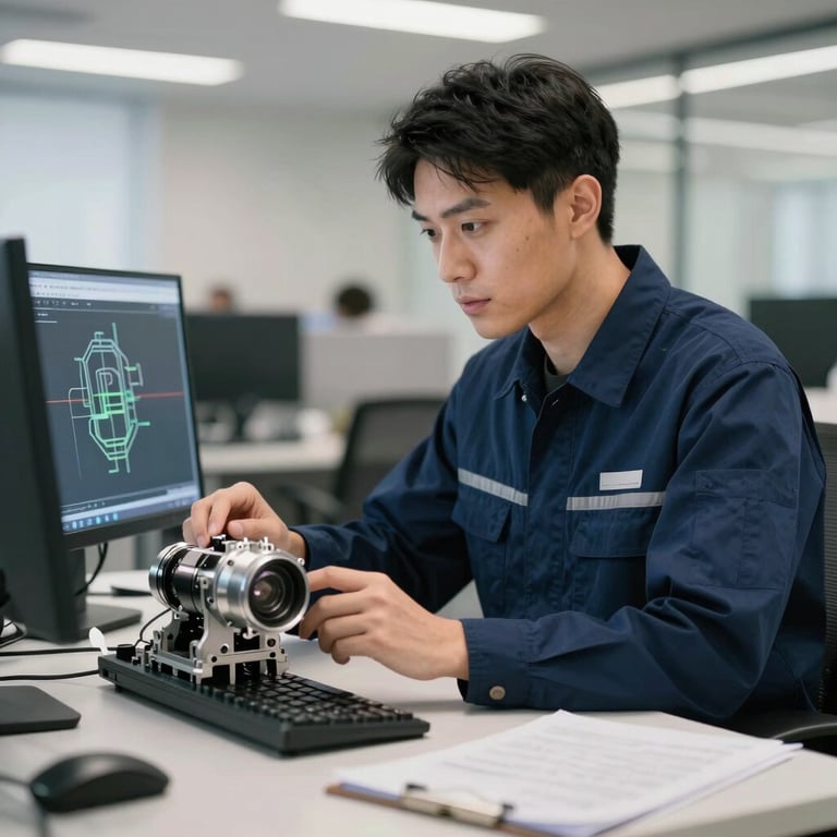An engineer in a North American / US office looking at a CAD model of a mechanical system, wearing a deep navy blue uniform.