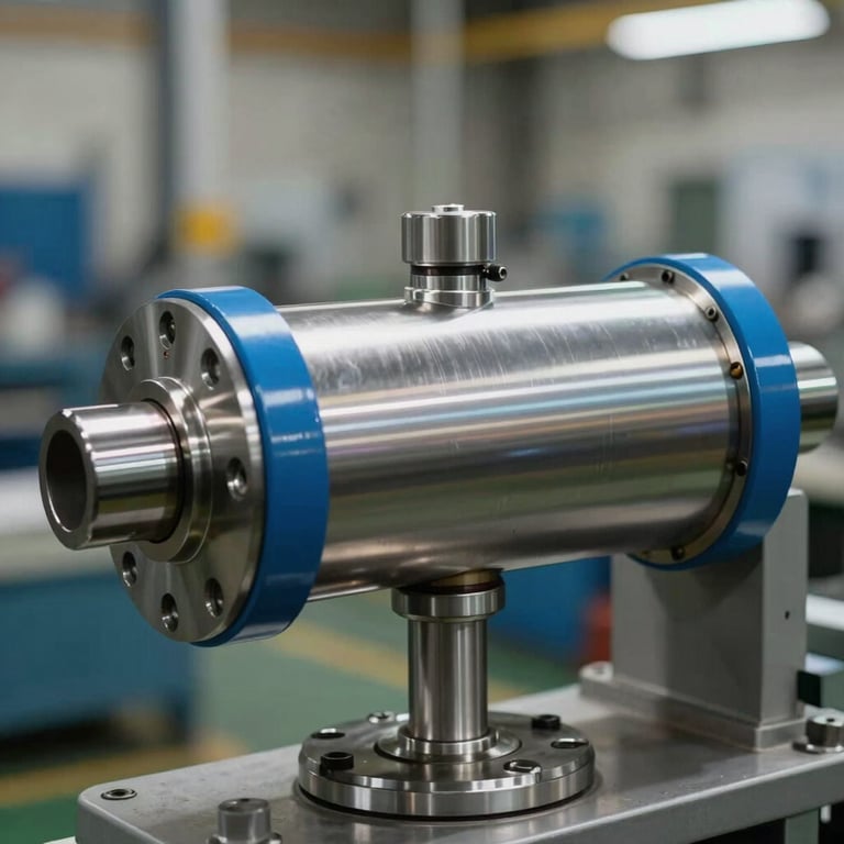 Macro photography of a pneumatic cylinder with steel blue accents in a North American / US factory setting.