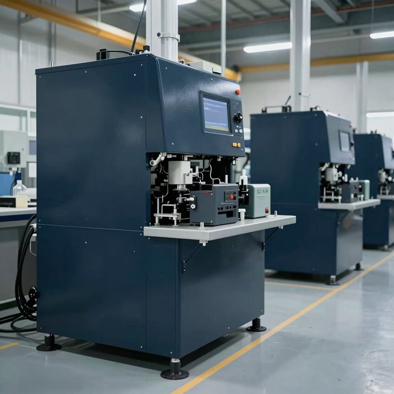 Wide shot of a clean, automated manufacturing floor in the United States, deep navy blue machinery against pale mist gray floors.