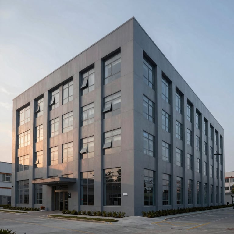 Modern industrial building of a tech-focused manufacturing firm in a North American / US city at dusk, showing pale mist gray architectural details.