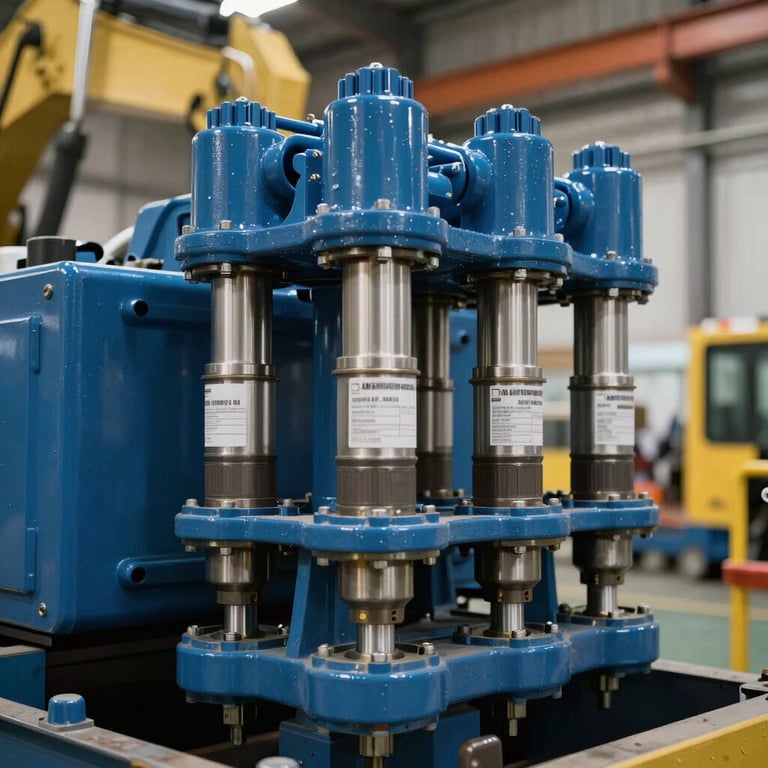 Close-up of integrated hydraulic systems in a North American / US heavy machinery plant, featuring steel blue components and sharp lighting.