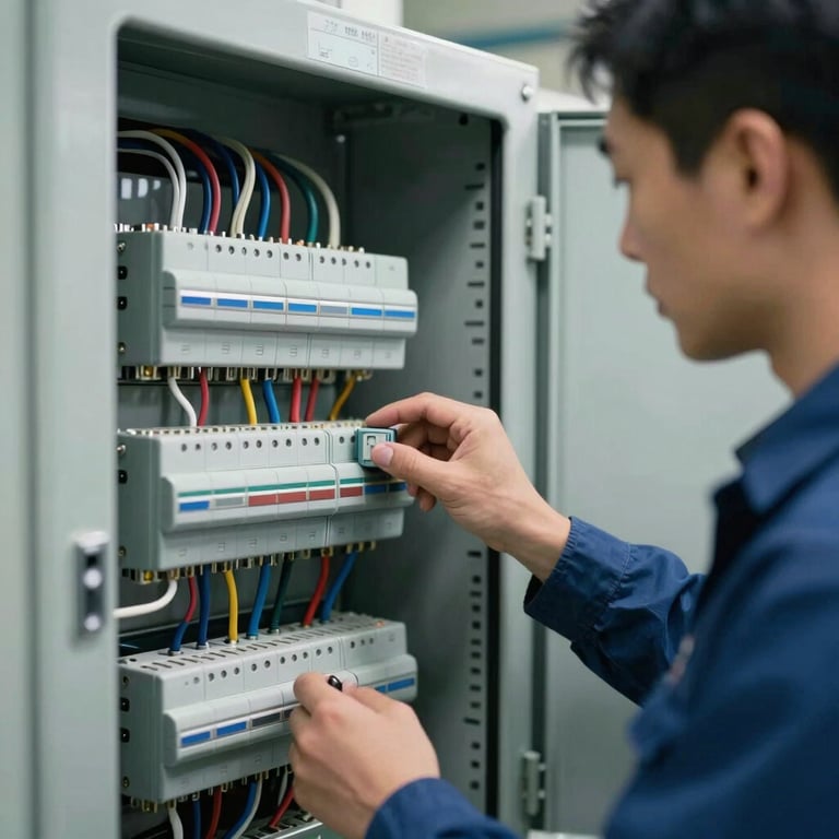 A professional in a North American / US facility inspecting an electrical control panel with muted slate blue wiring components.