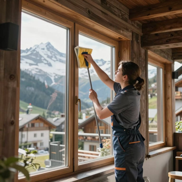 A professional cleaning worker in neat uniform cleaning high windows of a modern Swiss mountain chalet, bright daylight.