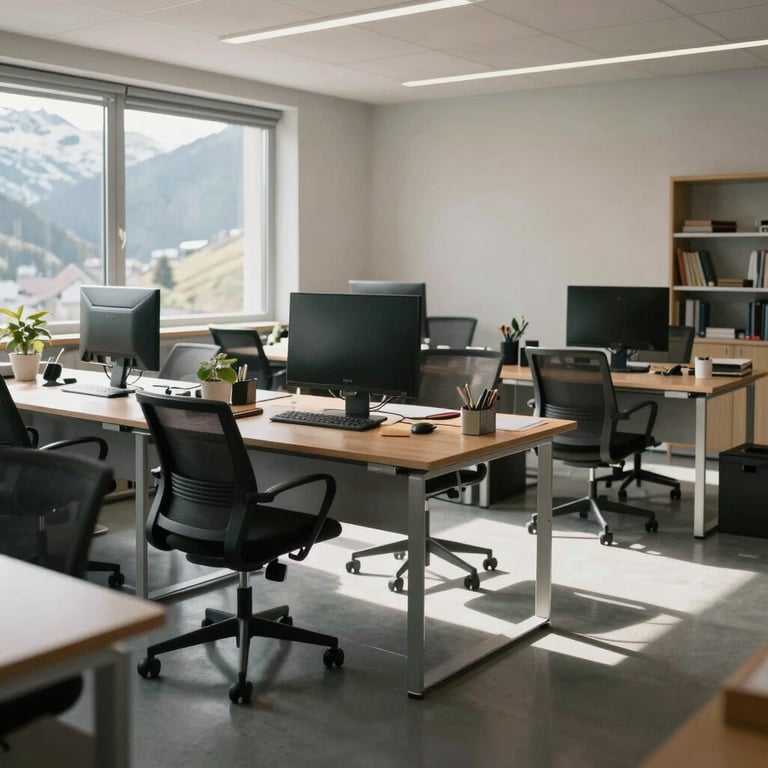 A clean, organized office space in Valais with desks reflecting sunlight, polished floors, professional atmosphere.
