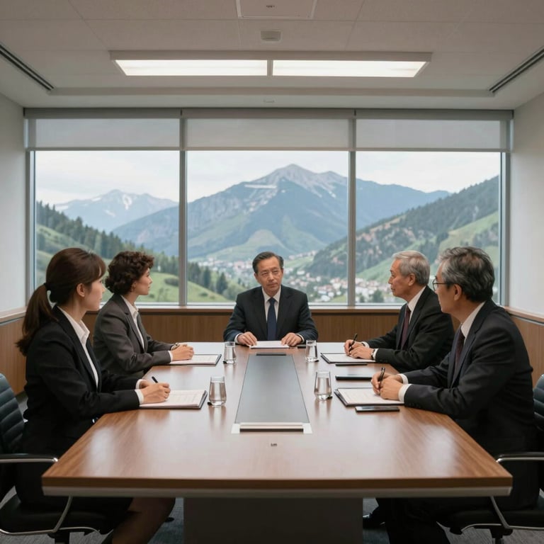 A tidy professional meeting room with large windows overlooking a mountain landscape, conveying reliability and order.