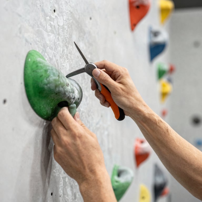 Close-up of a cleaner sanitizing climbing holds on a bright climbing wall, precision and care, professional tools.