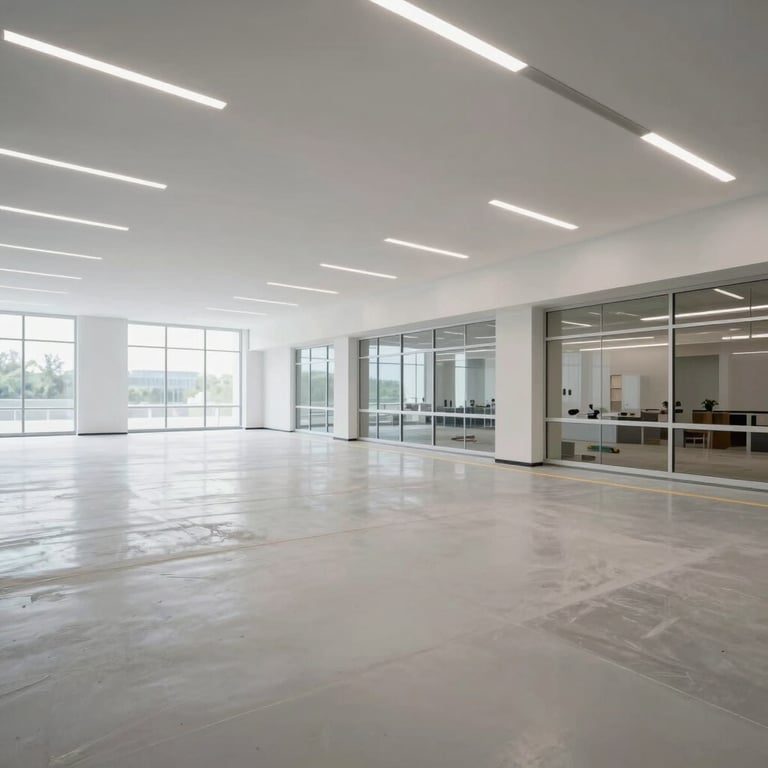 The interior of a large commercial space after final construction cleaning, spotless surfaces, bright modern lighting.