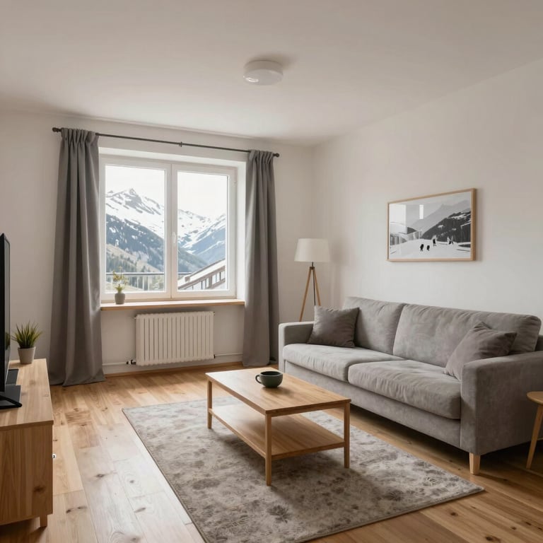 Interior of a freshly prepared Airbnb apartment in the Swiss Alps, immaculate living room, minimalist design.