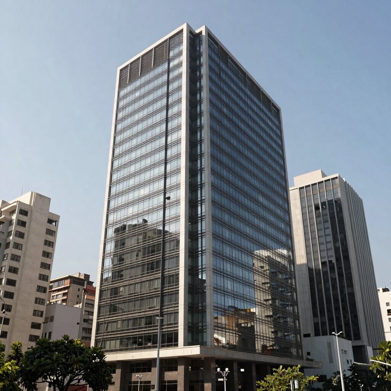Modern architecture of a business district in Guatemala City, clean lines, bright daylight, reflecting professional reliability.