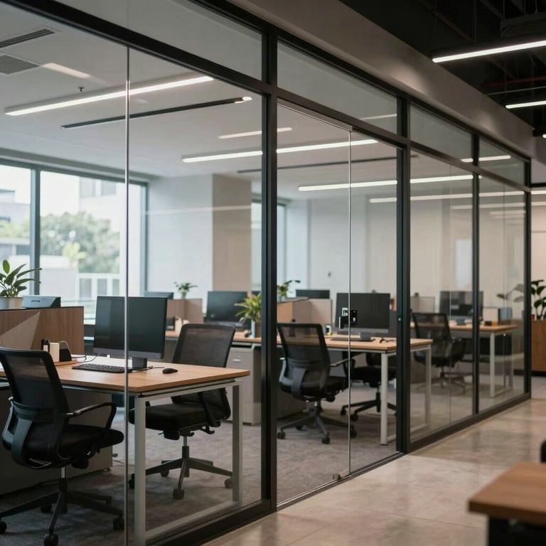 An innovative office space in Guatemala with glass walls and professional atmosphere, focused on efficiency and technology.