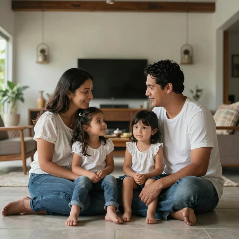 A peaceful family scene in a modern Guatemalan home, soft lighting, representing security and peace of mind.