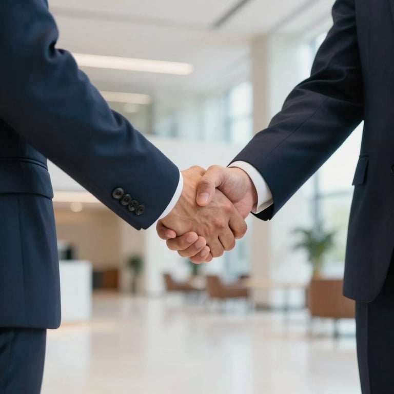 Detail shot of two professionals shaking hands in a bright, modern lobby, medium blue and off-white color scheme.