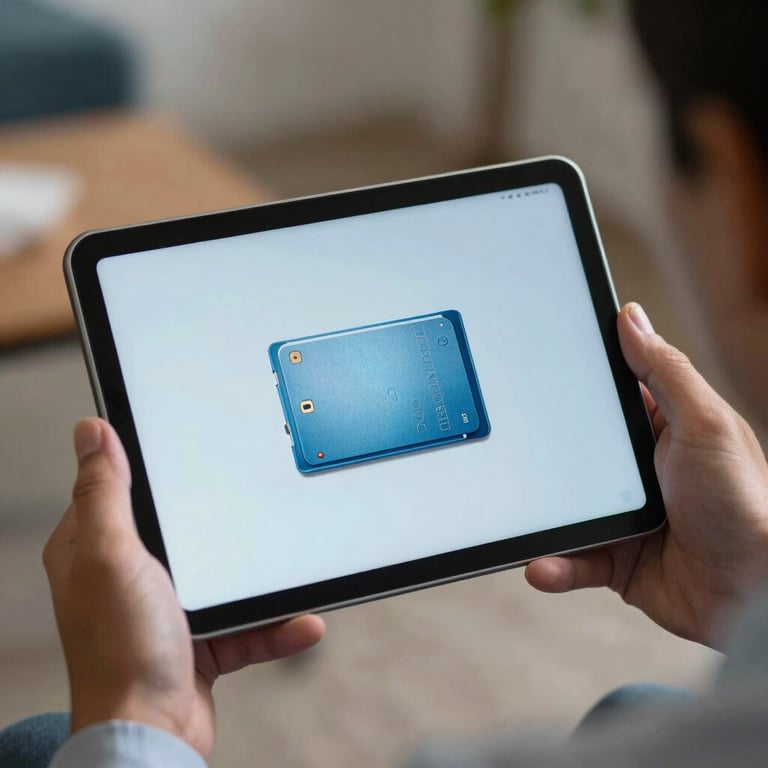 A secure digital interface displayed on a tablet held by a professional in a Central American setting, light blue tones.