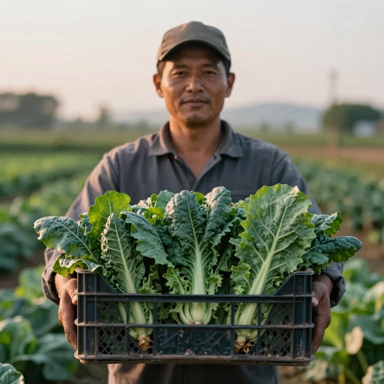 A local farmer holding a crate of deep green leafy vegetables (#364536) in soft dawn light.