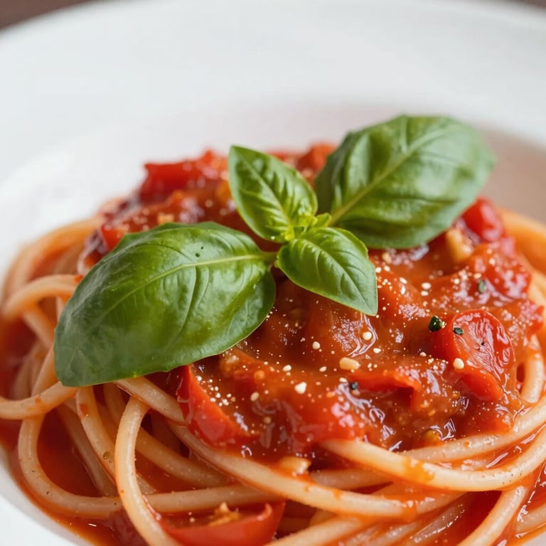 Macro shot of a high-end pasta dish featuring a vibrant, ripe crimson tomato sauce (#9B1C1C) and fresh basil.