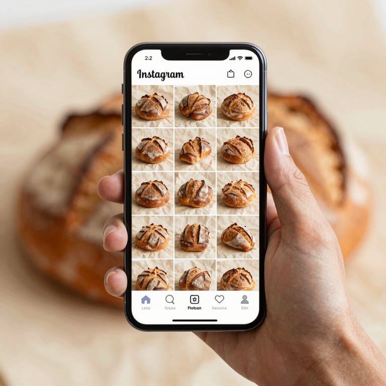 A hand holding a smartphone displaying a sophisticated Instagram grid of artisanal breads on a parchment-colored background.