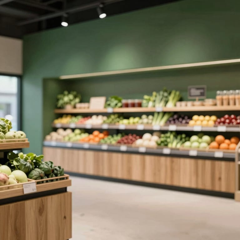 A minimalist modern food market interior with clean lines, forest green accents, and natural wood textures.