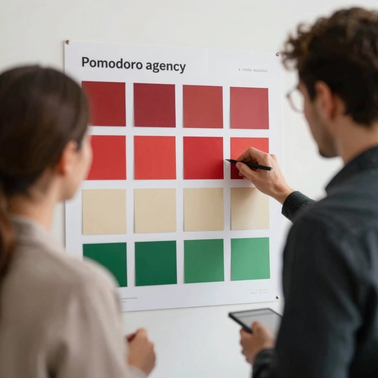 Candid shot of the Pomodoro agency team collaborating over a mood board featuring swatches of crimson, green, and parchment.