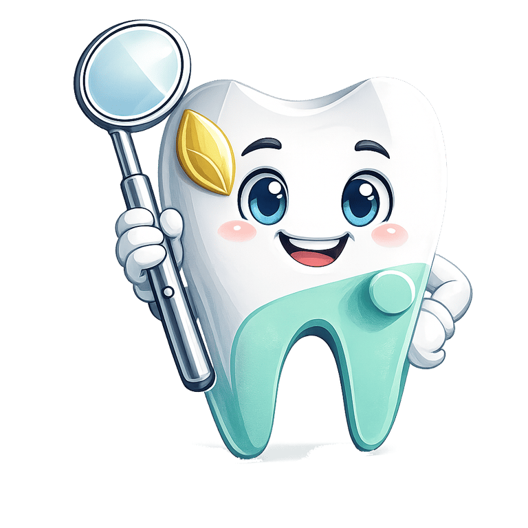 Lindo personaje de dibujos animados de diente sosteniendo un espejo dental para servicios de higiene