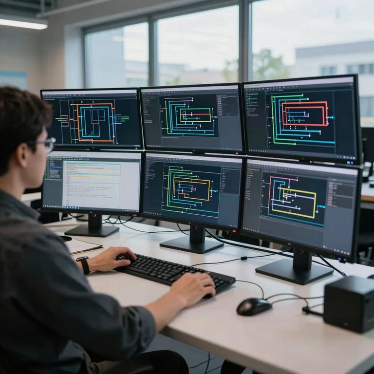 A real engineering workspace with complex multi-monitor setups displaying data pipelines, cool daylight streaming through high windows.