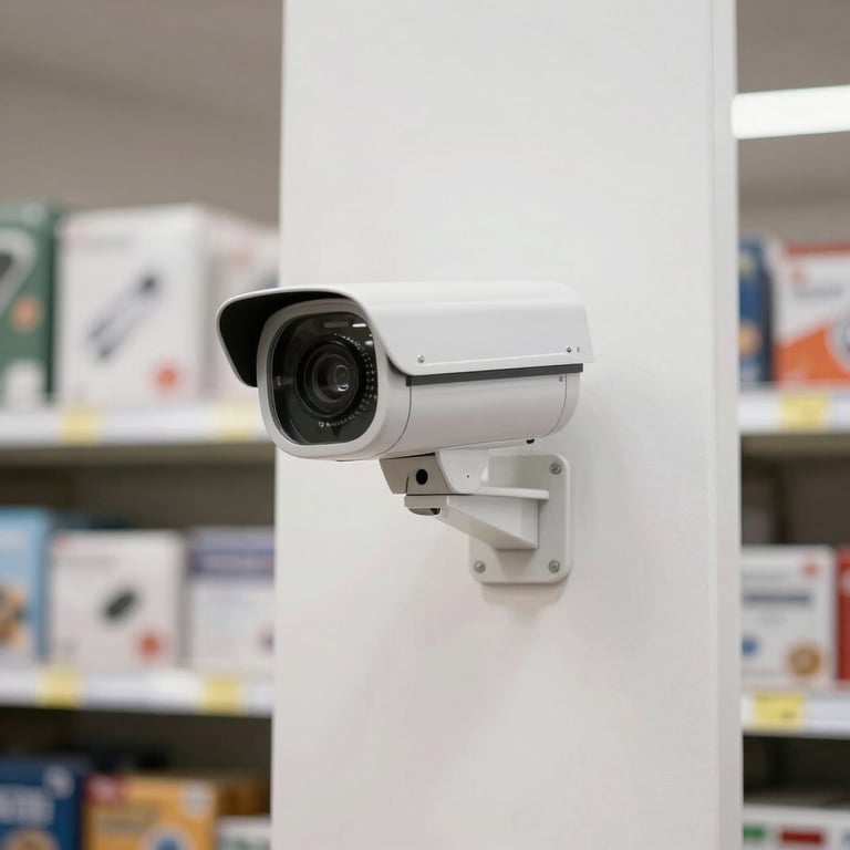 A sharp professional photo of a security camera mounted on a clean white wall of a North American retail store.