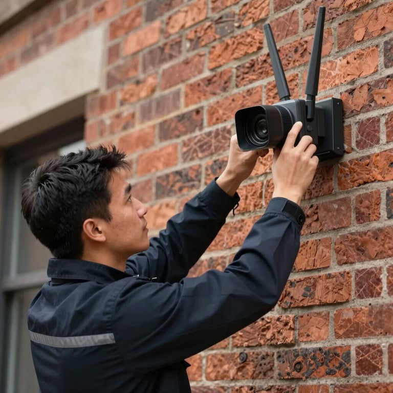 A technician in a professional uniform installing a high-tech wireless camera on a brick building.