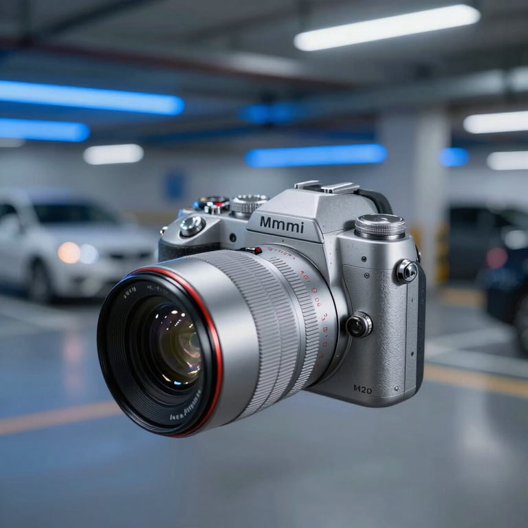 A sleek silver bullet camera overlooking a busy modern parking garage with blue lighting accents.
