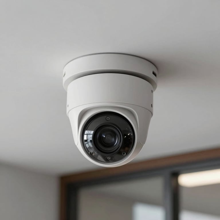 An indoor high-definition security camera integrated into the ceiling of a modern corporate lobby.