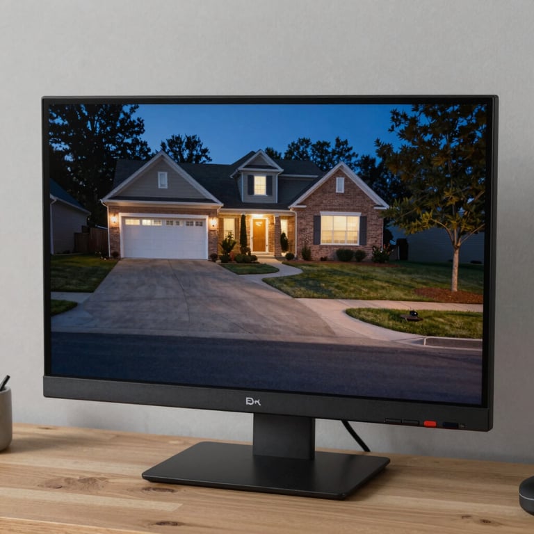 A digital monitor showing crystal clear night vision footage of a residential driveway in a US suburb.