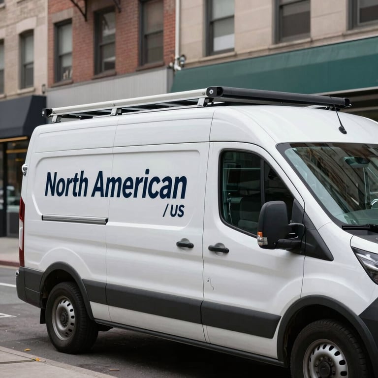 A professional roofing van with the business name parked on a Manhattan street, North American / US context.
