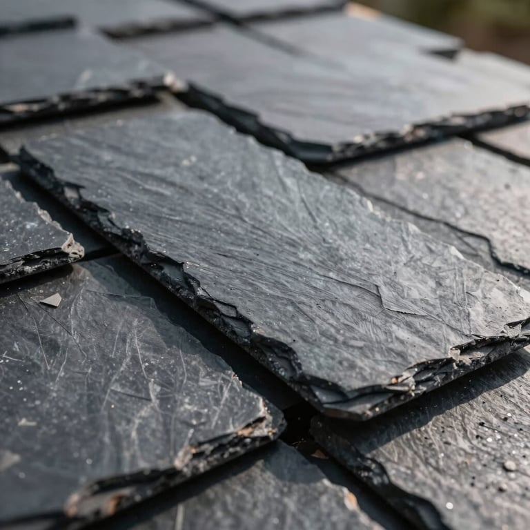 A detailed shot of high-quality dark slate roofing materials being installed.