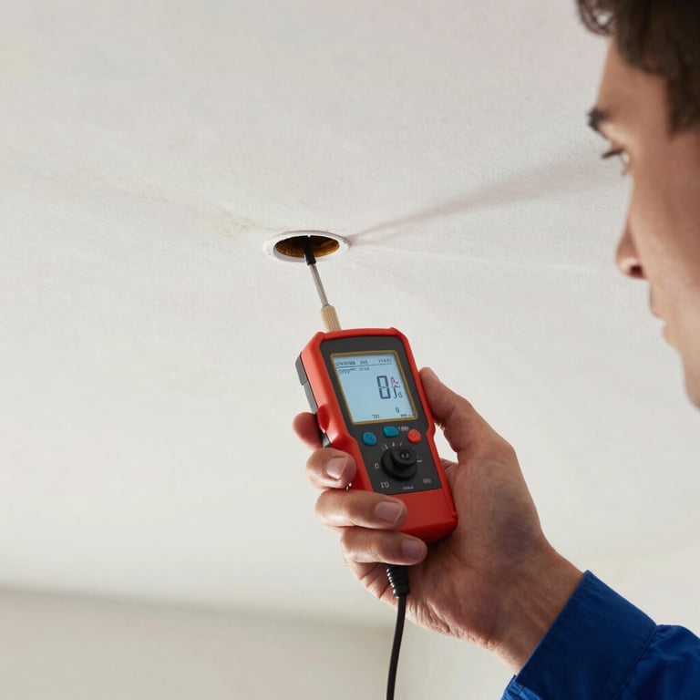 An interior shot showing a ceiling leak being examined by a professional with a moisture meter.