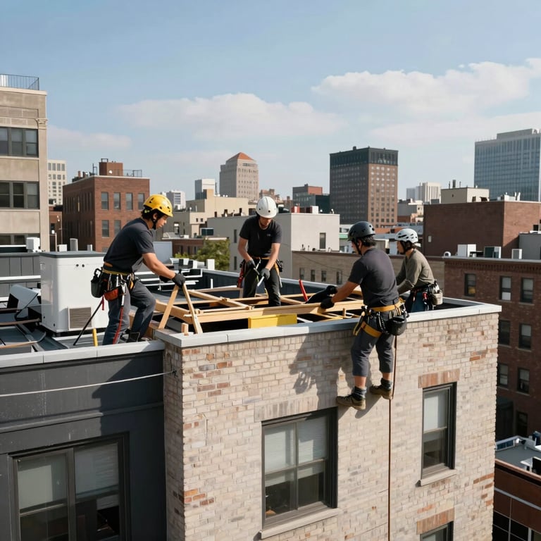 A team of roofers working on a complex New York residential building, North American / US setting, bright daylight.