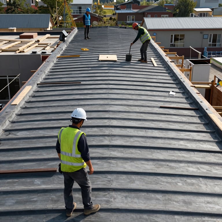 A large commercial roof replacement project in progress with workers in safety gear.