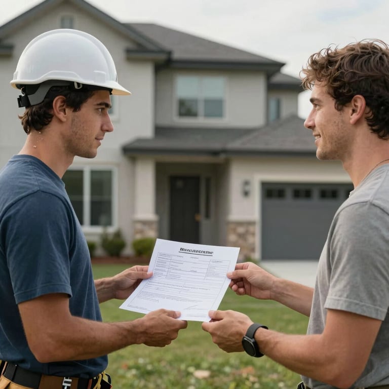 A roofer handing a finished estimate to a satisfied homeowner in front of a modern US house.