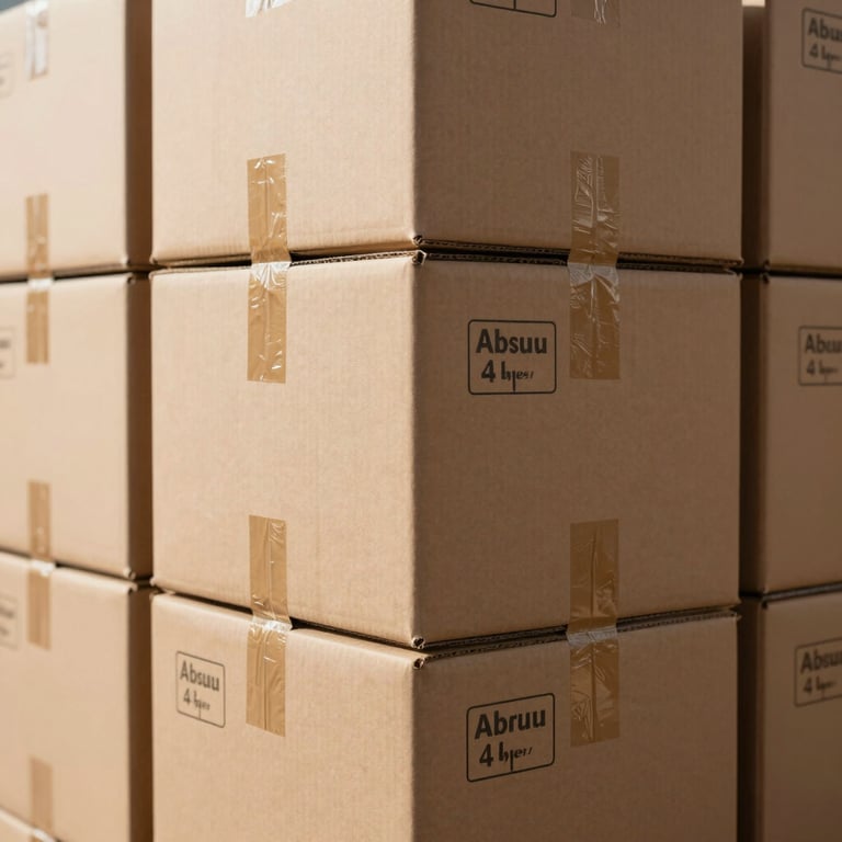 Close-up of heavy-duty cardboard boxes neatly stacked and labeled, clean packing tape securing the edges, bright natural Abu Dhabi daylight.