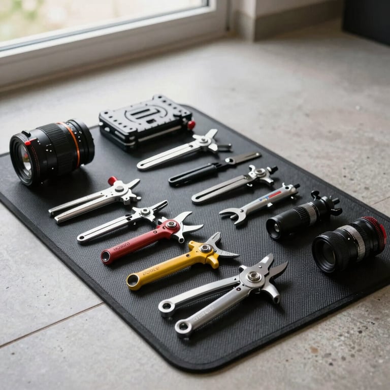 Branded technical tools laid out neatly on a protective black work mat on a clean tile floor, natural daylight from a window.