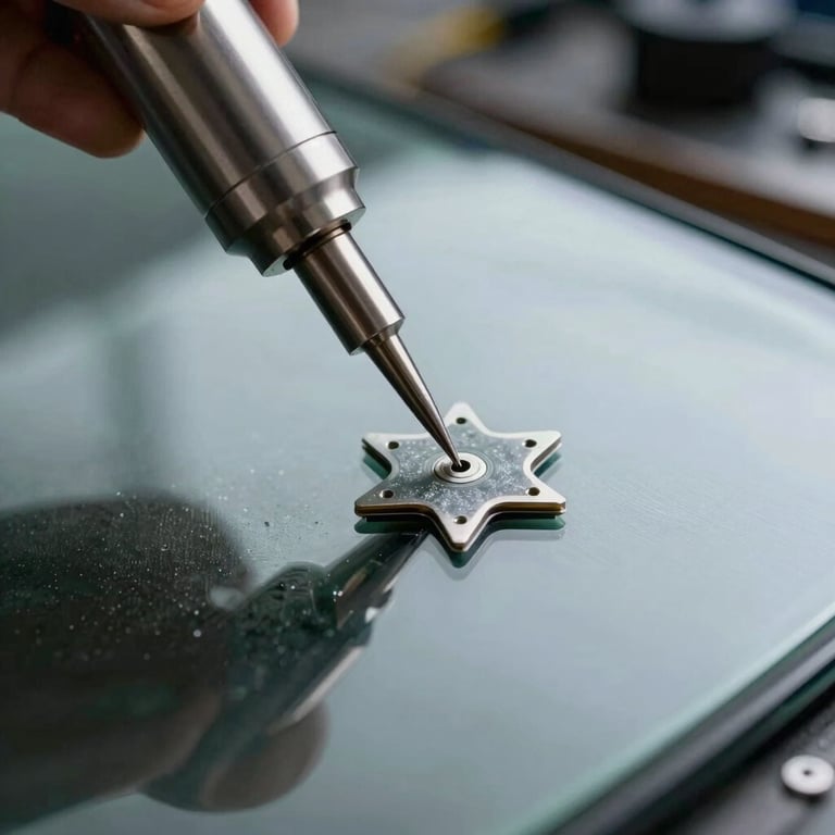 Close-up of a specialized resin injection tool fixing a star-shaped chip in automotive glass.