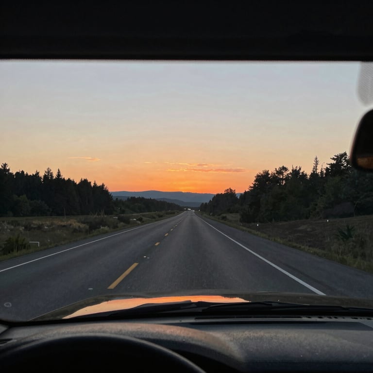 View through a perfectly clear, newly installed windshield overlooking a scenic North American highway at sunset.