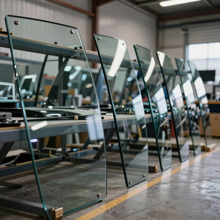 A row of high-quality OEM glass windshields standing ready for installation in a clean, organized warehouse.