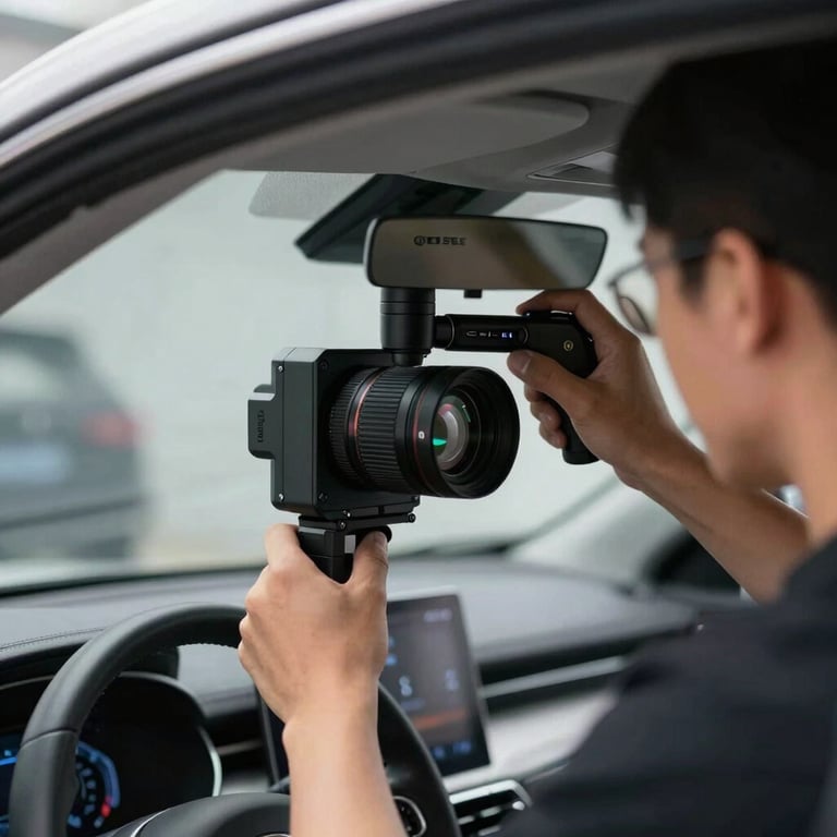 A technician calibrating a modern vehicle's forward-facing camera system through the windshield using digital tools.